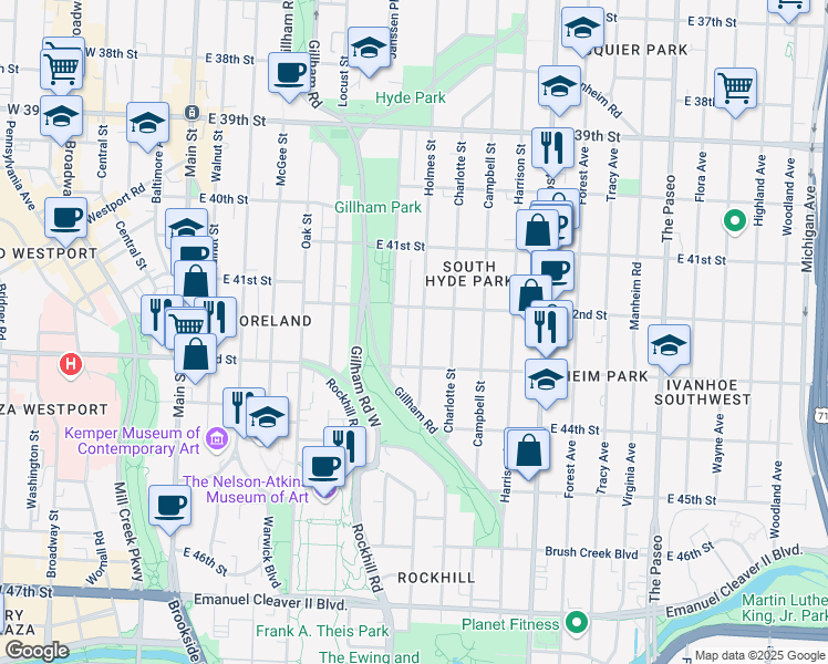 map of restaurants, bars, coffee shops, grocery stores, and more near 4237 Kenwood Avenue in Kansas City