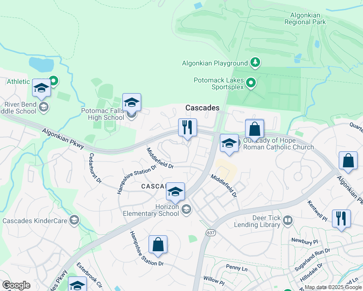 map of restaurants, bars, coffee shops, grocery stores, and more near 46582 Drysdale Terrace in Sterling