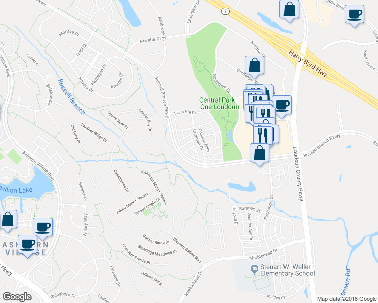 map of restaurants, bars, coffee shops, grocery stores, and more near 44528 Stepney Drive in Ashburn