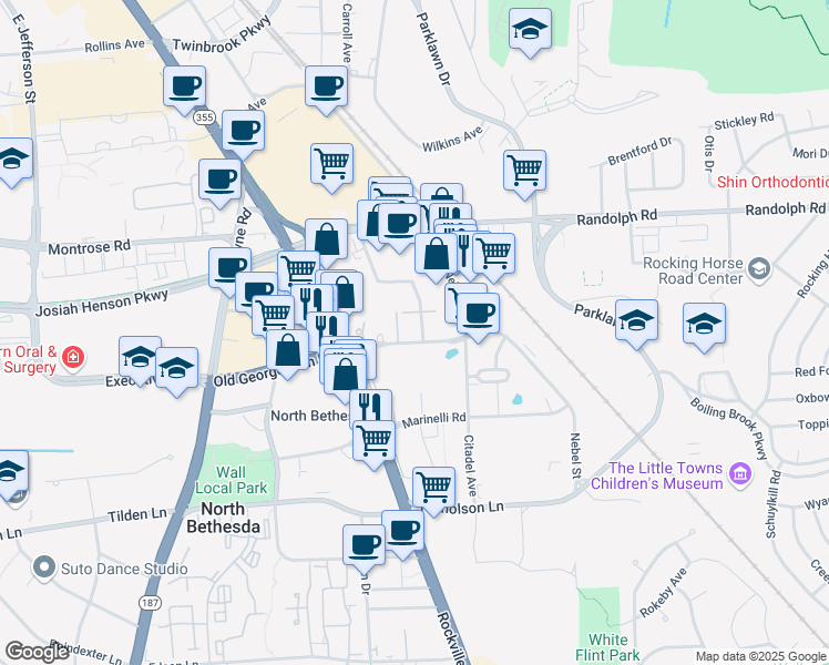 map of restaurants, bars, coffee shops, grocery stores, and more near 11750 Old Georgetown Road in North Bethesda
