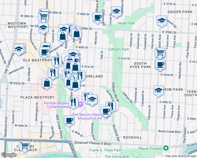 map of restaurants, bars, coffee shops, grocery stores, and more near 304 43rd Street in Kansas City