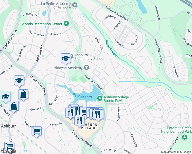 map of restaurants, bars, coffee shops, grocery stores, and more near 20452 Quiet Walk Terrace in Ashburn