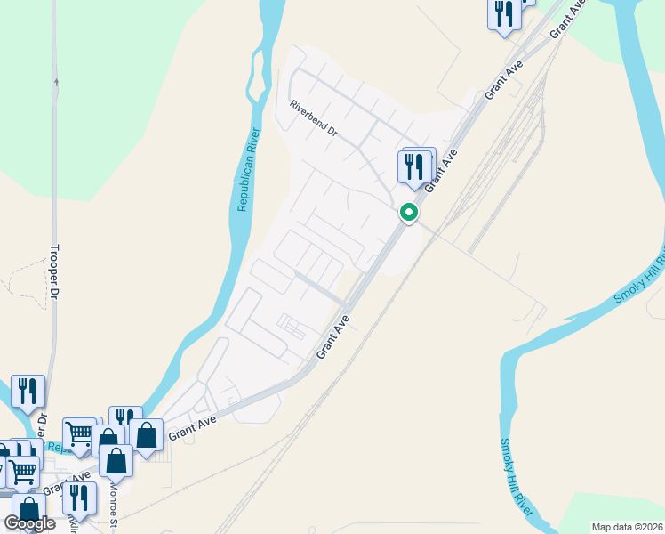 map of restaurants, bars, coffee shops, grocery stores, and more near 7 Fuller Circle in Junction City