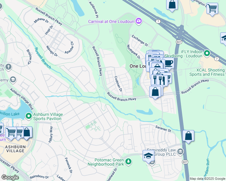 map of restaurants, bars, coffee shops, grocery stores, and more near 44528 Stepney Drive in Ashburn