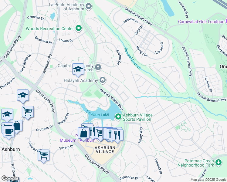 map of restaurants, bars, coffee shops, grocery stores, and more near 20452 Quiet Walk Terrace in Ashburn