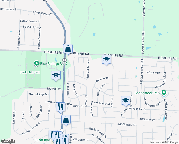 map of restaurants, bars, coffee shops, grocery stores, and more near 2700 Northwest 3rd Terrace in Blue Springs
