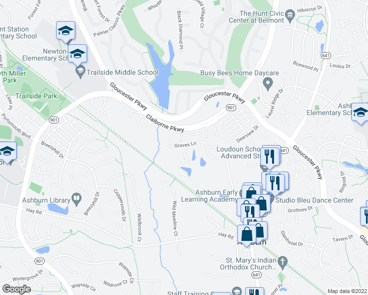 map of restaurants, bars, coffee shops, grocery stores, and more near 20467 Rolling Water Terrace in Ashburn