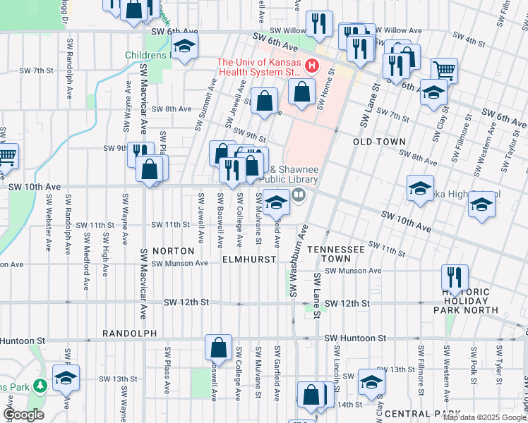 map of restaurants, bars, coffee shops, grocery stores, and more near 1034 Southwest Mulvane Street in Topeka