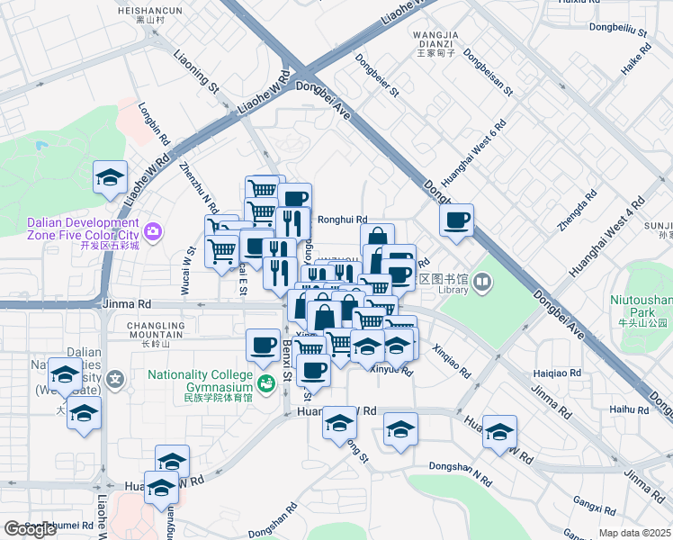 map of restaurants, bars, coffee shops, grocery stores, and more near in Dalian