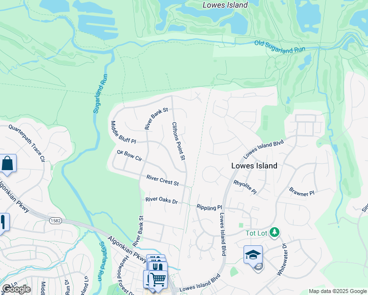 map of restaurants, bars, coffee shops, grocery stores, and more near 20394 Cliftons Point Street in Sterling