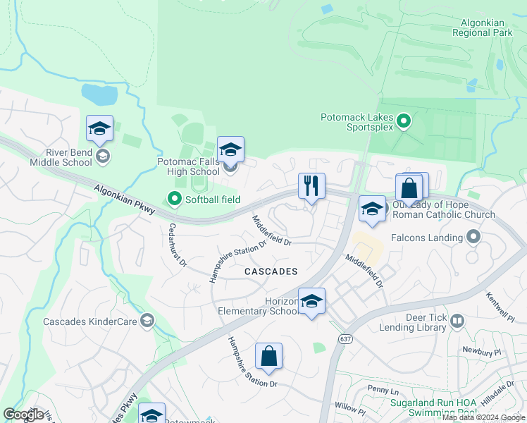 map of restaurants, bars, coffee shops, grocery stores, and more near 20445 Chesapeake Square in Sterling