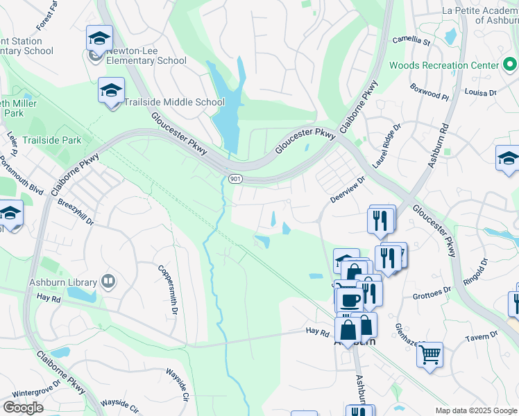 map of restaurants, bars, coffee shops, grocery stores, and more near 20467 Rolling Water Terrace in Ashburn