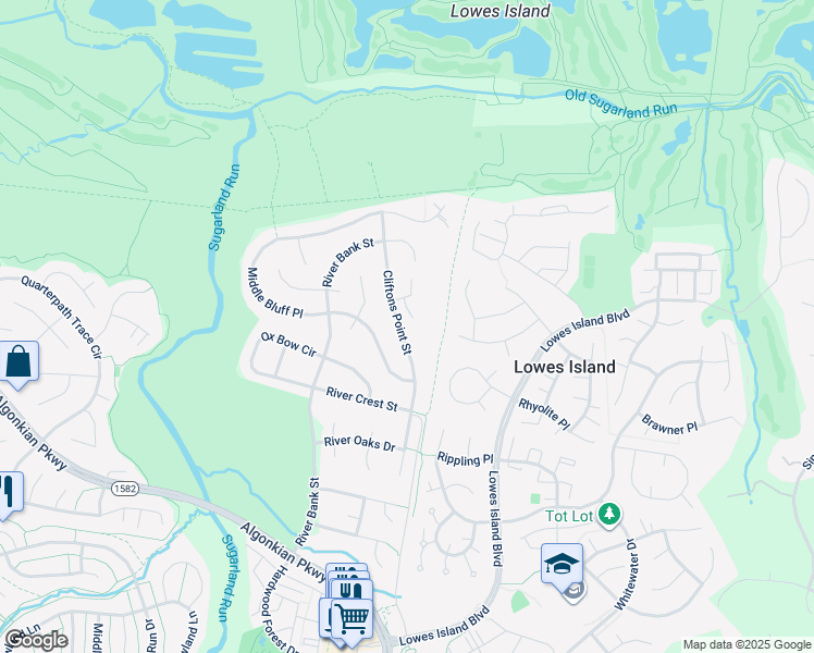 map of restaurants, bars, coffee shops, grocery stores, and more near 20394 Cliftons Point Street in Sterling