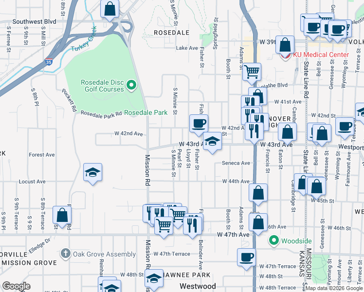 map of restaurants, bars, coffee shops, grocery stores, and more near 2807 West 43rd Avenue in Kansas City