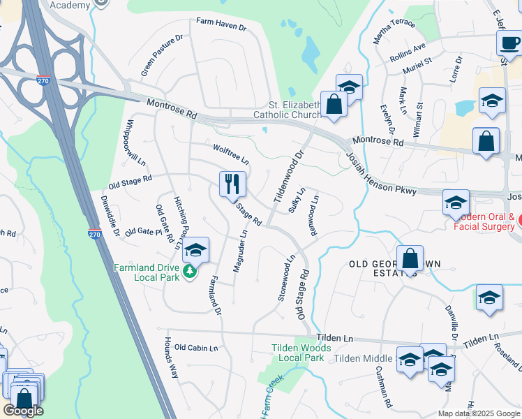 map of restaurants, bars, coffee shops, grocery stores, and more near 6804 Sulky Lane in Rockville