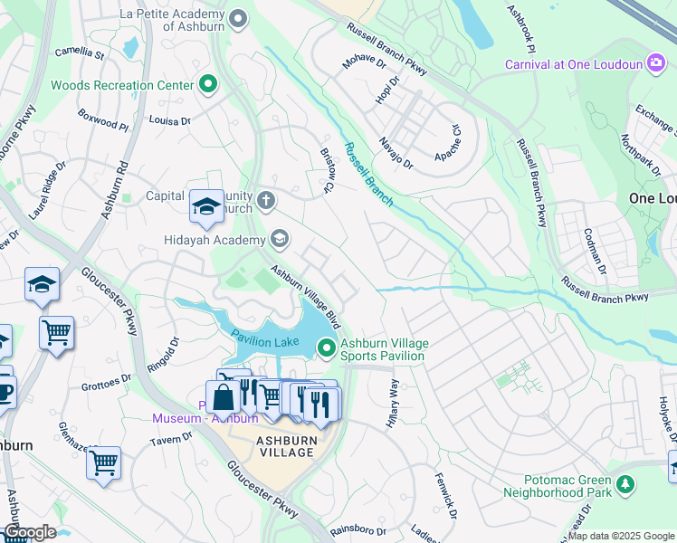 map of restaurants, bars, coffee shops, grocery stores, and more near 20416 Cool Fern Square in Ashburn