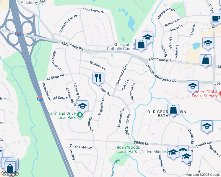 map of restaurants, bars, coffee shops, grocery stores, and more near 6804 Sulky Lane in Rockville