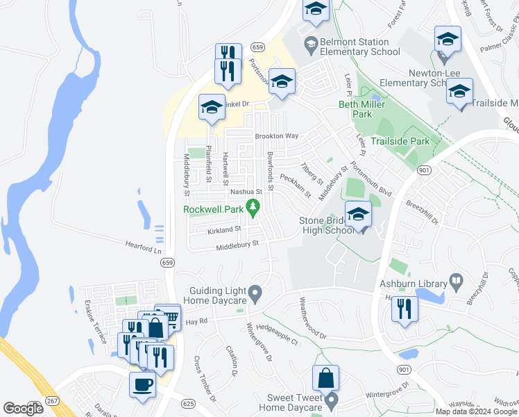 map of restaurants, bars, coffee shops, grocery stores, and more near 20464 Charter Oak Drive in Ashburn