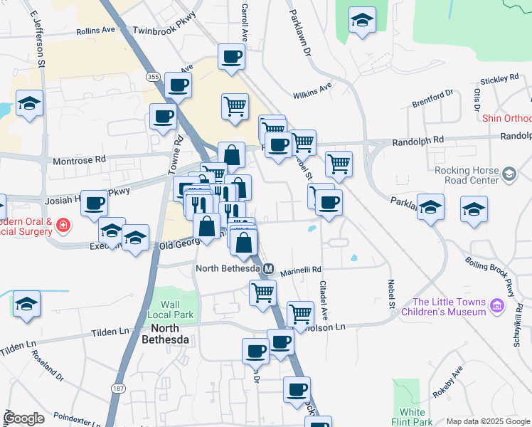 map of restaurants, bars, coffee shops, grocery stores, and more near 11710 Old Georgetown Road in North Bethesda