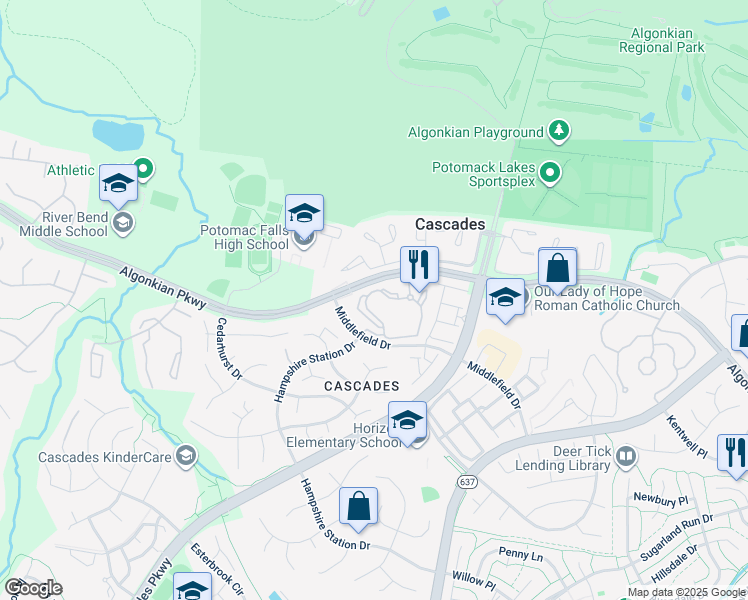 map of restaurants, bars, coffee shops, grocery stores, and more near 46596 Drysdale Terrace in Potomac Falls