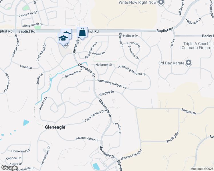 map of restaurants, bars, coffee shops, grocery stores, and more near 385 Wuthering Heights Drive in Colorado Springs