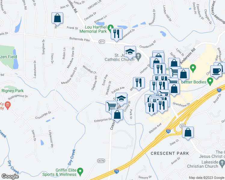 map of restaurants, bars, coffee shops, grocery stores, and more near 714 Euclid Avenue in Crescent Springs