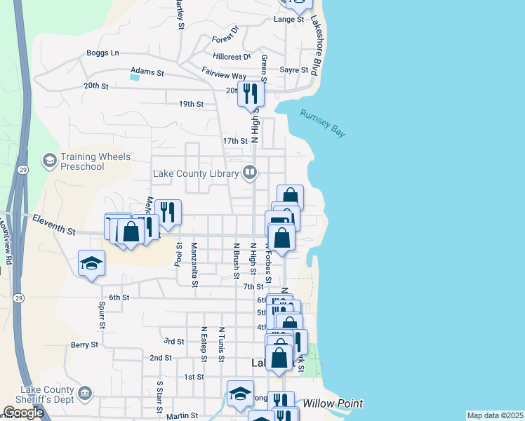 map of restaurants, bars, coffee shops, grocery stores, and more near 1135 North Forbes Street in Lakeport