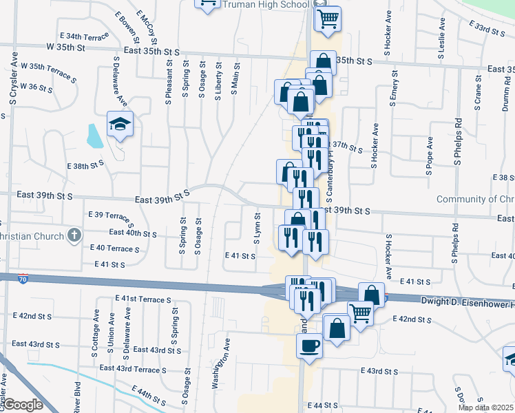 map of restaurants, bars, coffee shops, grocery stores, and more near 3908 South Lynn Court in Independence
