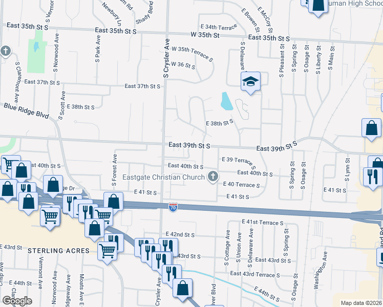 map of restaurants, bars, coffee shops, grocery stores, and more near 12518 East 40th Street South in Independence