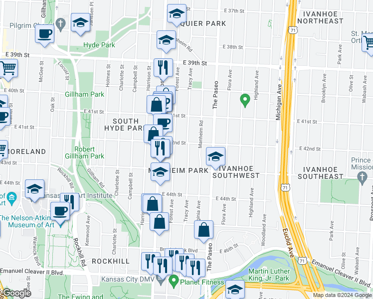 map of restaurants, bars, coffee shops, grocery stores, and more near 4230 Tracy Avenue in Kansas City