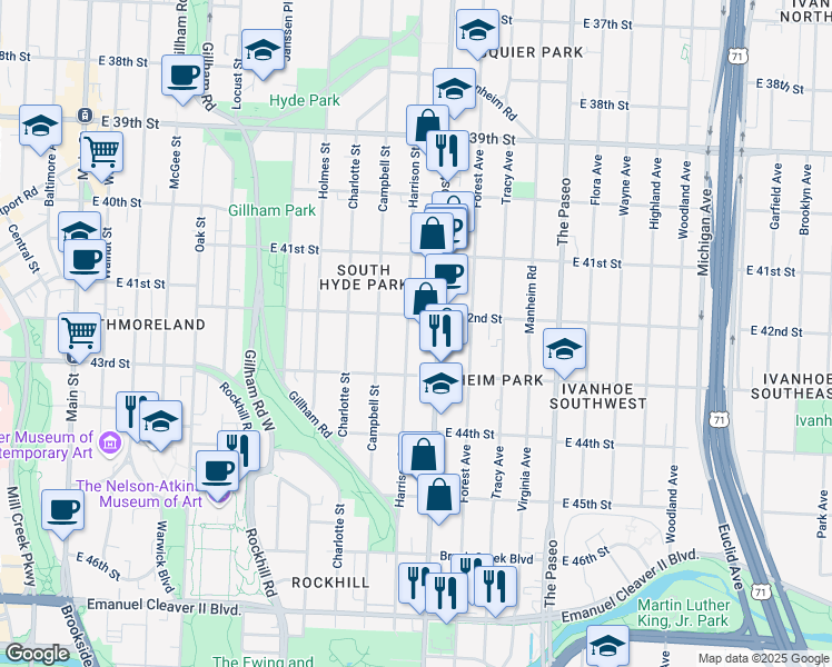 map of restaurants, bars, coffee shops, grocery stores, and more near 4233 Harrison Street in Kansas City