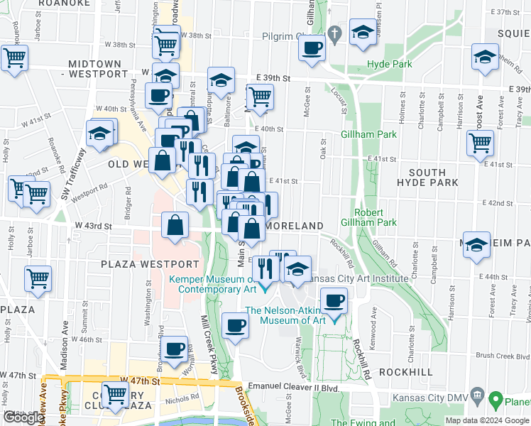 map of restaurants, bars, coffee shops, grocery stores, and more near 16 43rd Street in Kansas City