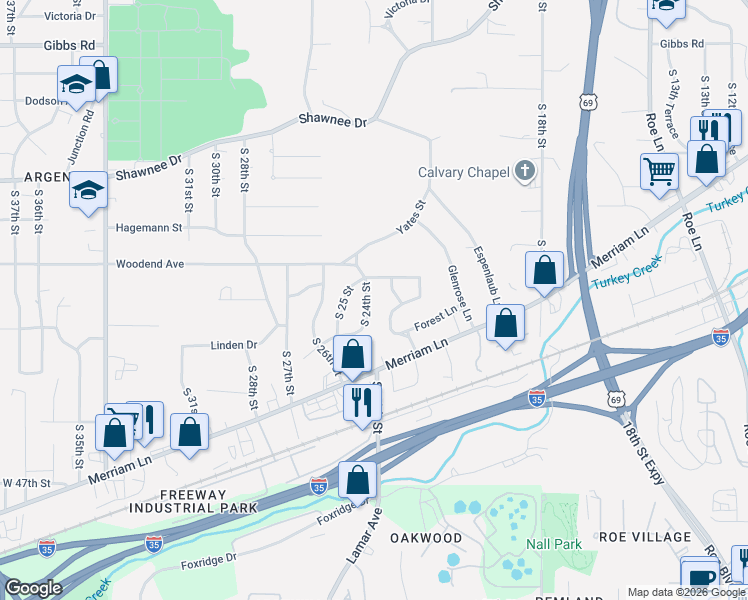 map of restaurants, bars, coffee shops, grocery stores, and more near 2900 South 23rd Street in Kansas City