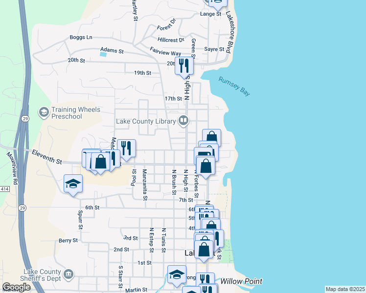 map of restaurants, bars, coffee shops, grocery stores, and more near 310 Clear Lake Avenue in Lakeport