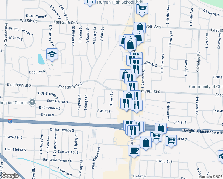 map of restaurants, bars, coffee shops, grocery stores, and more near 3908 South Lynn Court in Independence