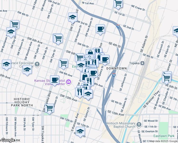 map of restaurants, bars, coffee shops, grocery stores, and more near 701 South Kansas Avenue in Topeka
