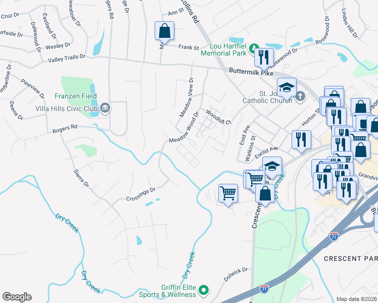 map of restaurants, bars, coffee shops, grocery stores, and more near Colonial Village Drive in Crescent Springs
