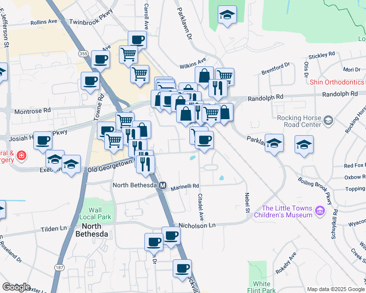 map of restaurants, bars, coffee shops, grocery stores, and more near 11800 Old Georgetown Road in Rockville