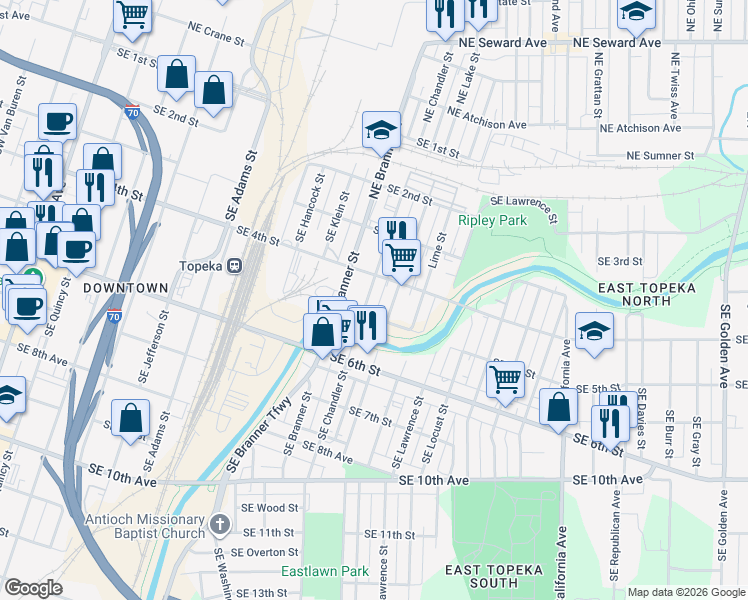 map of restaurants, bars, coffee shops, grocery stores, and more near 1001-1099 SE 4th St in Topeka