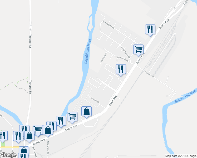 map of restaurants, bars, coffee shops, grocery stores, and more near 60 Fuller Circle in Junction City