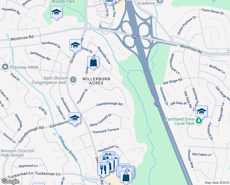 map of restaurants, bars, coffee shops, grocery stores, and more near 11900 Gainsborough Road in Potomac