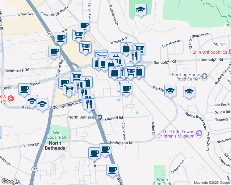 map of restaurants, bars, coffee shops, grocery stores, and more near 11800 Old Georgetown Road in Rockville