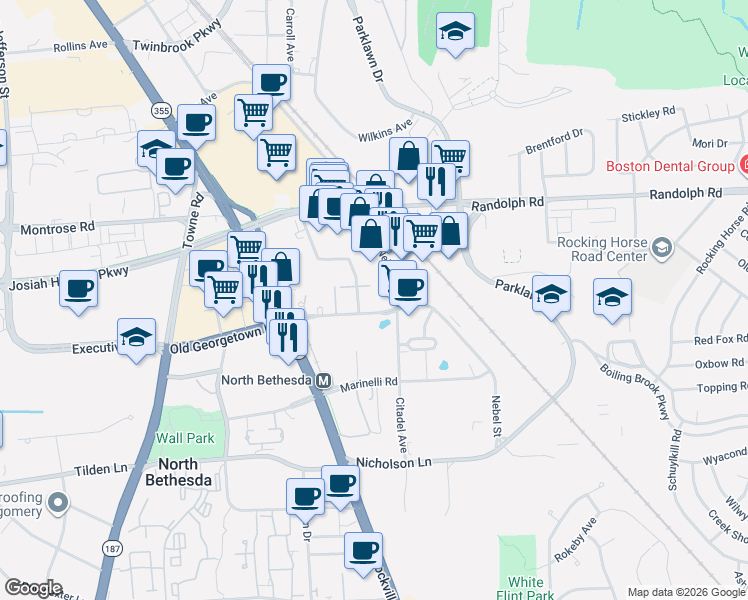 map of restaurants, bars, coffee shops, grocery stores, and more near 11750 Old Georgetown Road in North Bethesda