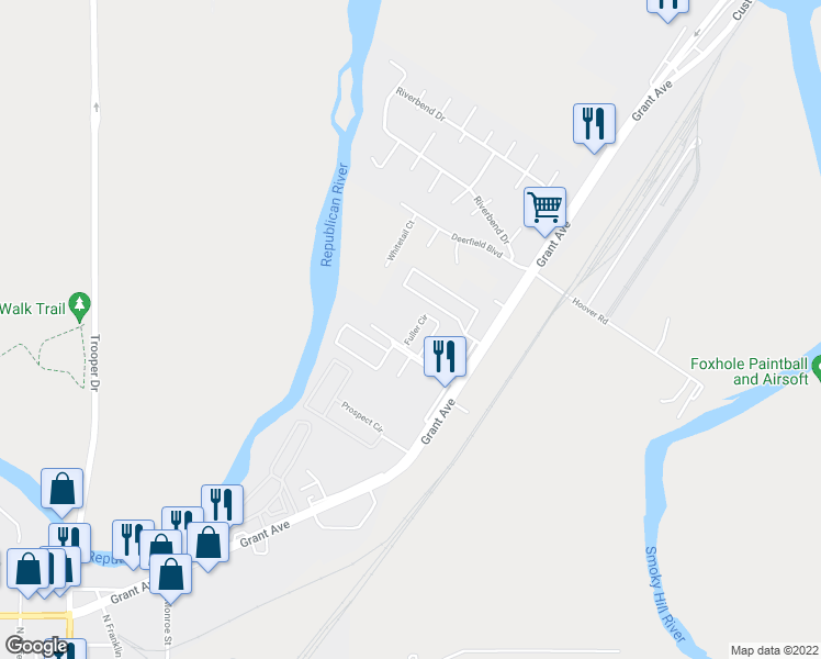 map of restaurants, bars, coffee shops, grocery stores, and more near 59 Fuller Circle in Junction City