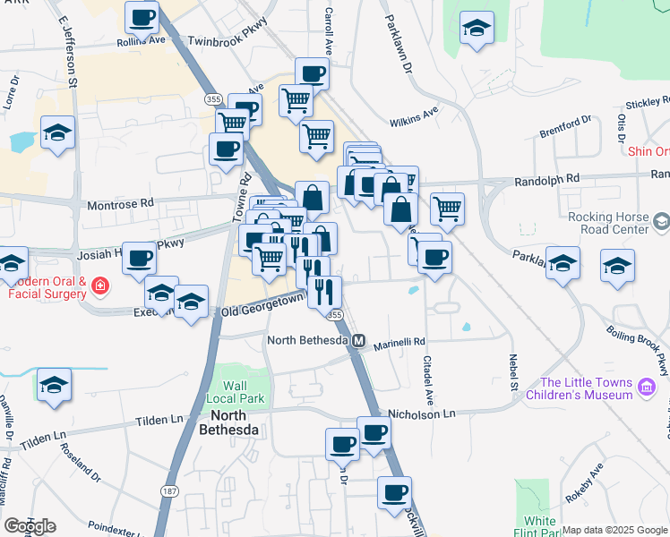 map of restaurants, bars, coffee shops, grocery stores, and more near 11700 Old Georgetown Road in Rockville