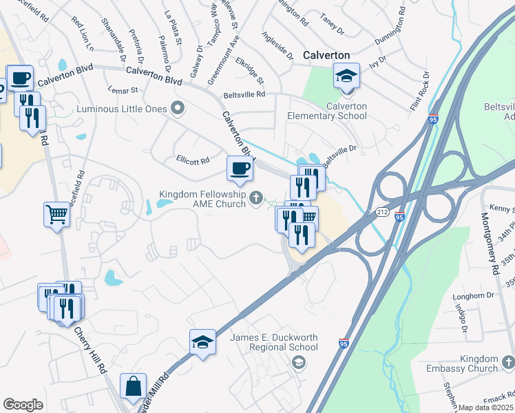 map of restaurants, bars, coffee shops, grocery stores, and more near 11710 Beltsville Drive in Beltsville