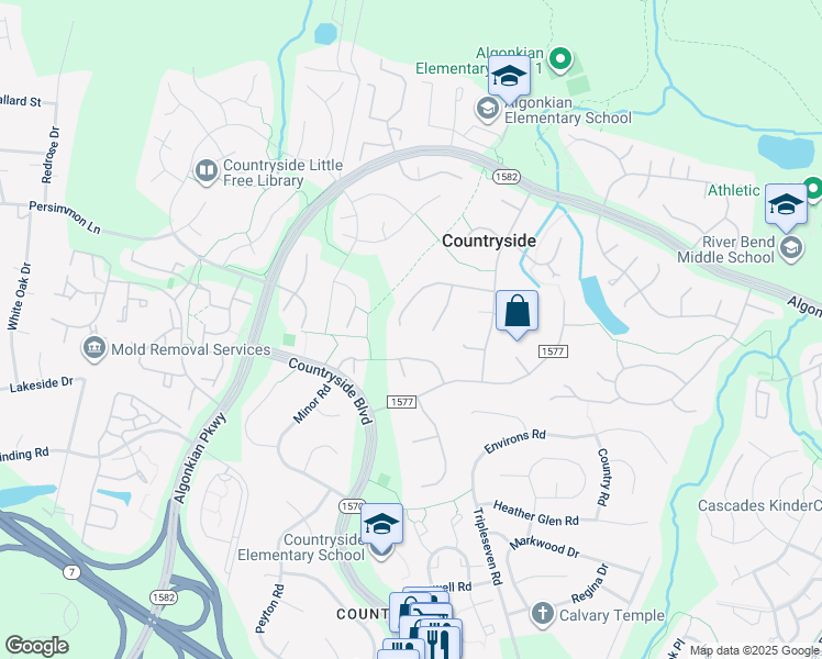 map of restaurants, bars, coffee shops, grocery stores, and more near 25 Lipscomb Court in Sterling