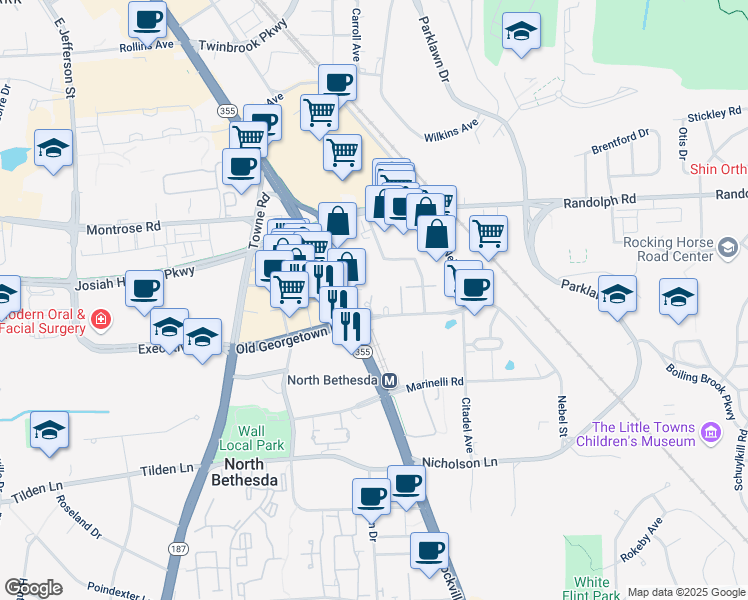 map of restaurants, bars, coffee shops, grocery stores, and more near 11700 Old Georgetown Road in North Bethesda