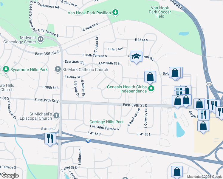map of restaurants, bars, coffee shops, grocery stores, and more near 3723 South Beatrice Drive in Independence