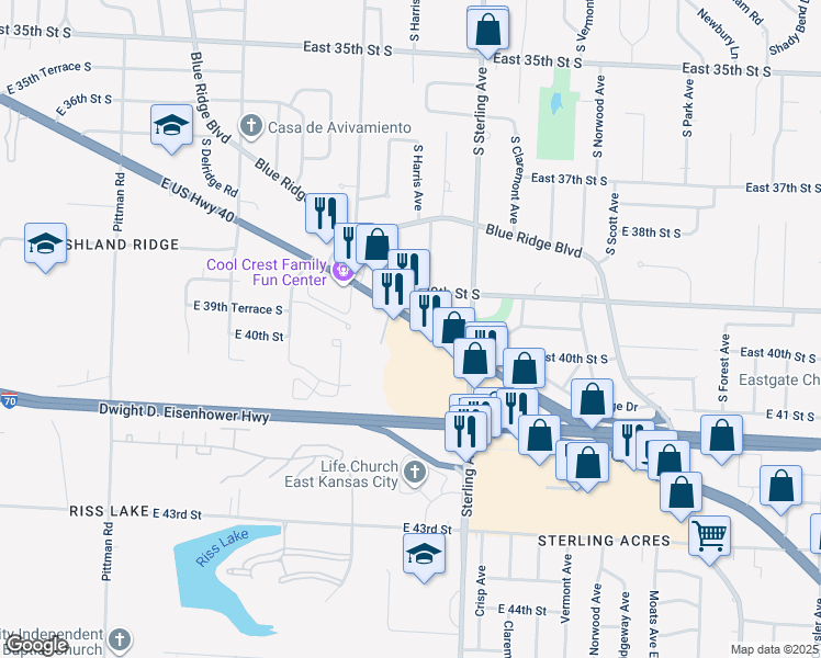 map of restaurants, bars, coffee shops, grocery stores, and more near 10908 East US Highway 40 in Independence